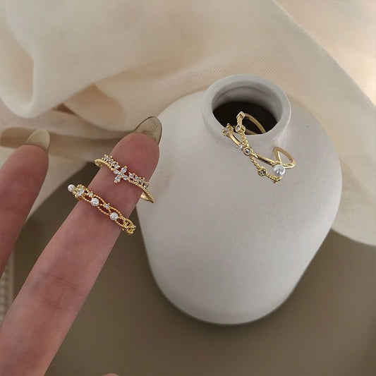 [Instock] 韓系金色仿珍珠仿鑽戒指套組 Gold Pearl & Cubic Zirconia Ring Set