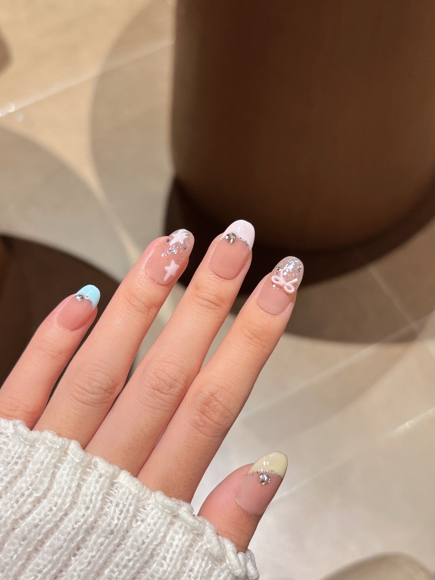 [Pre Order] 甜美蝴蝶結亮粉穿戴甲 Sweet Bow and Glitter Press-On Nails