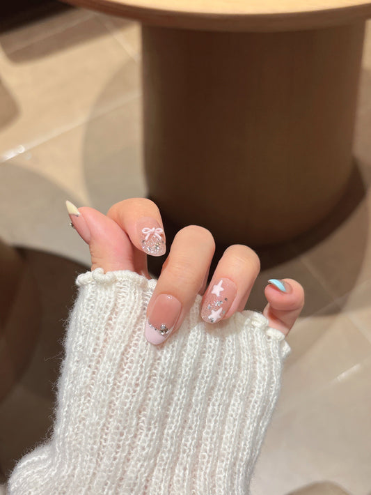[Pre Order] 甜美蝴蝶結亮粉穿戴甲 Sweet Bow and Glitter Press-On Nails