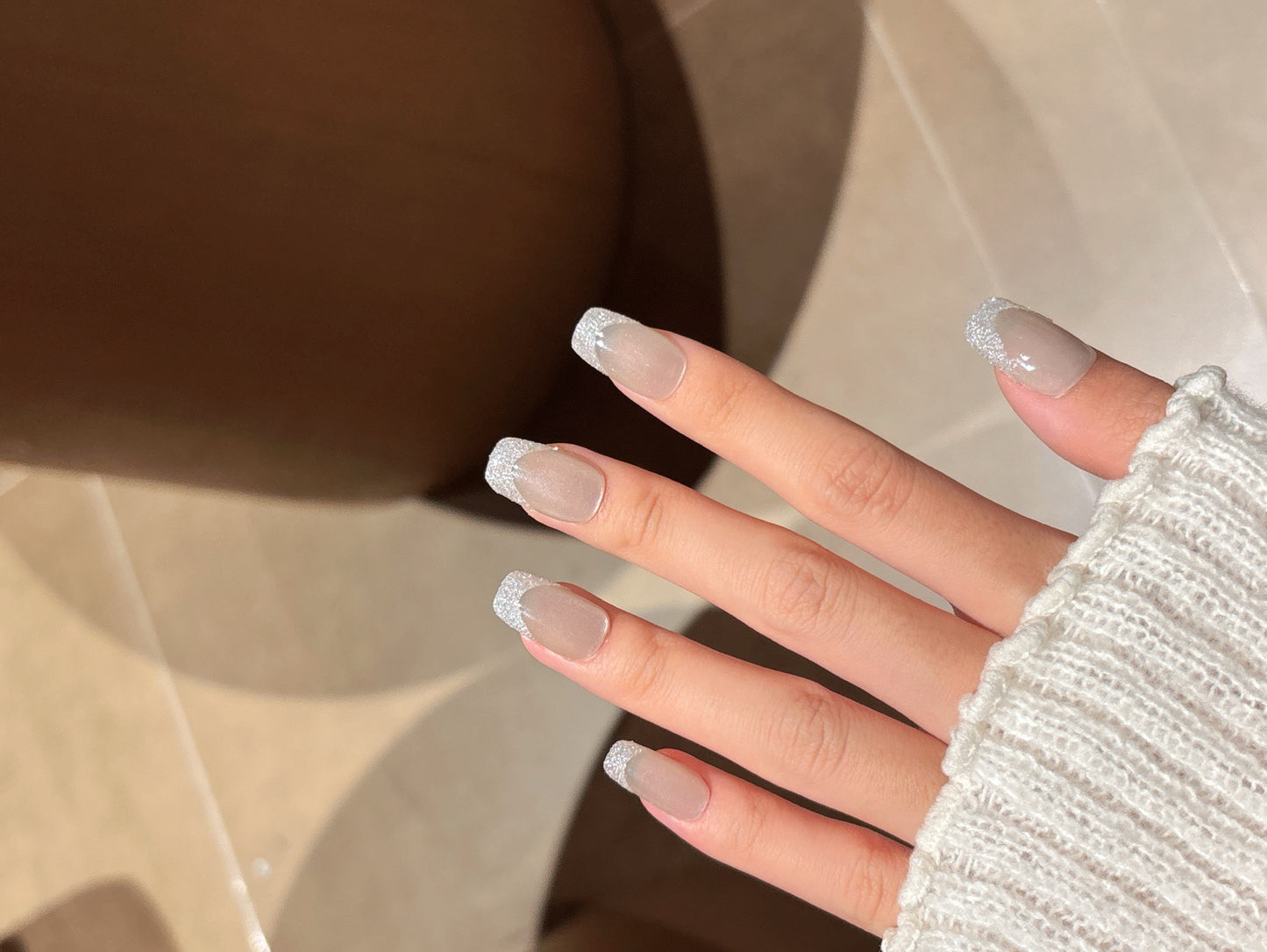 [Pre Order] 方頭亮粉法式穿戴甲 Square Tip Glitter French Press-On Nails