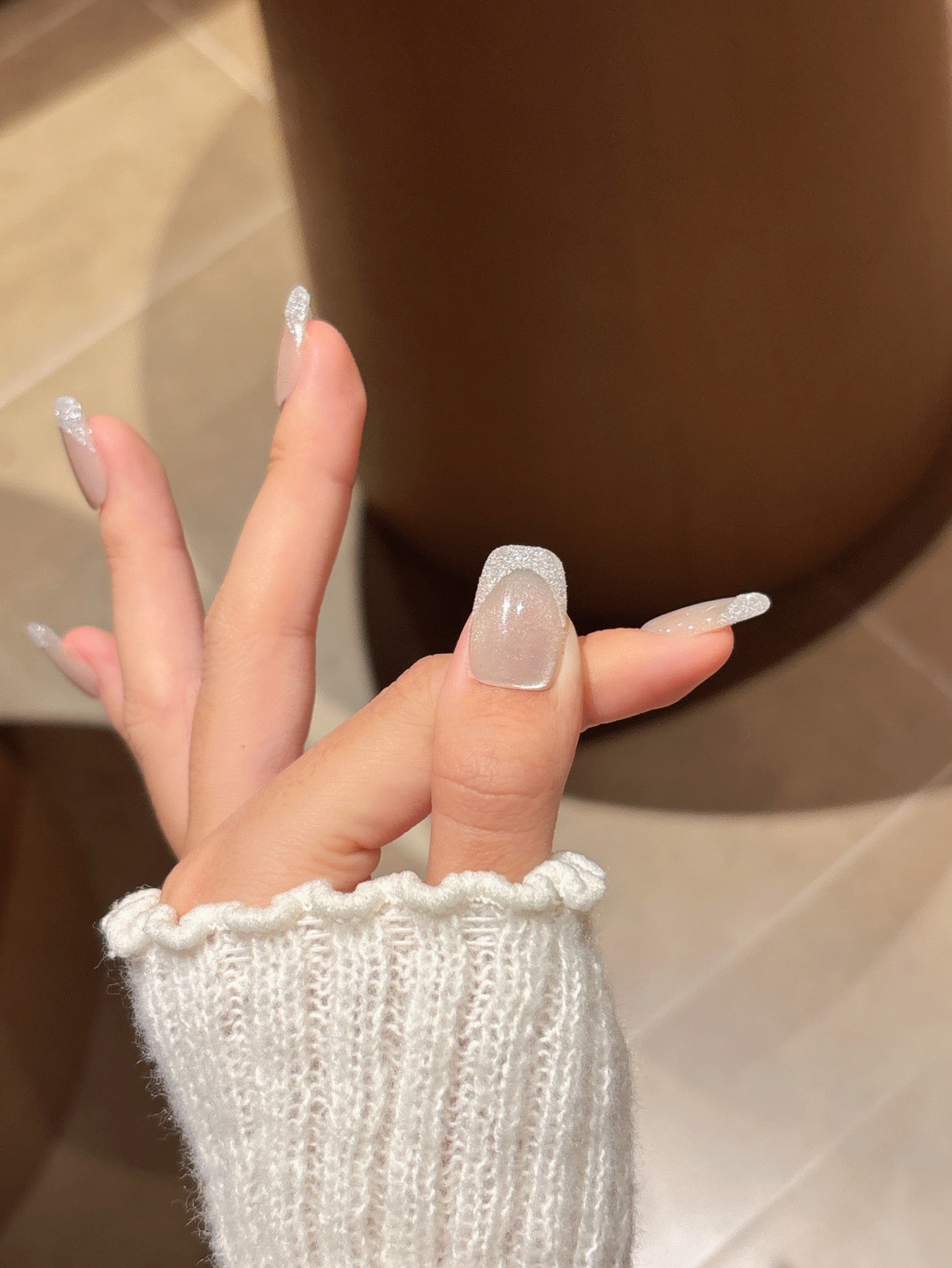 [Pre Order] 方頭亮粉法式穿戴甲 Square Tip Glitter French Press-On Nails