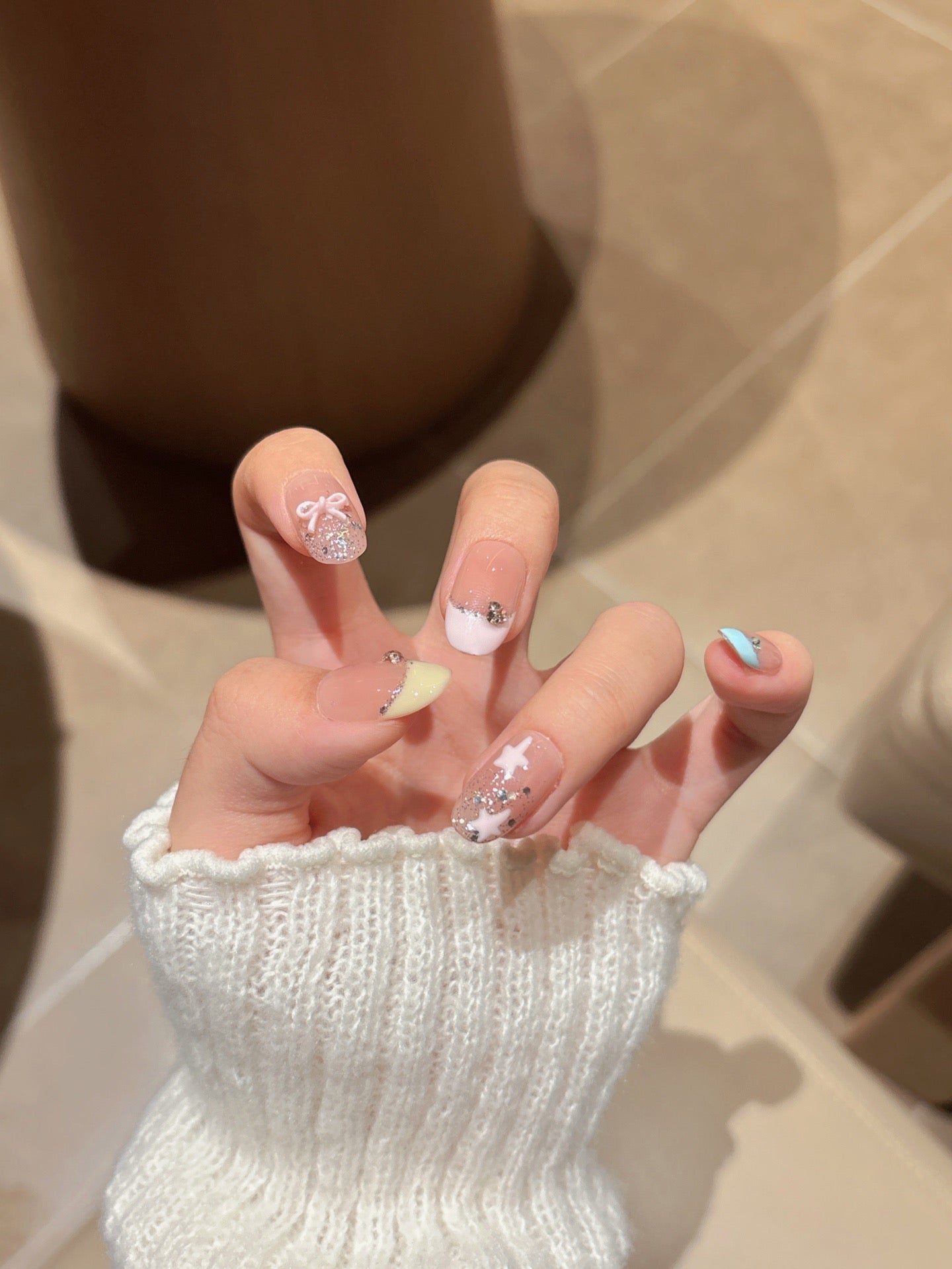 [Pre Order] 甜美蝴蝶結亮粉穿戴甲 Sweet Bow and Glitter Press-On Nails