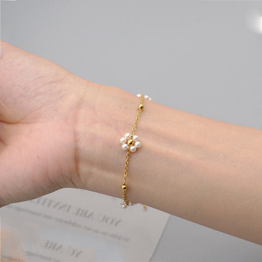 [Instock] 金色鏈條珍珠小花手鍊 Gold Chain Bracelet with Pearl Flower Charm