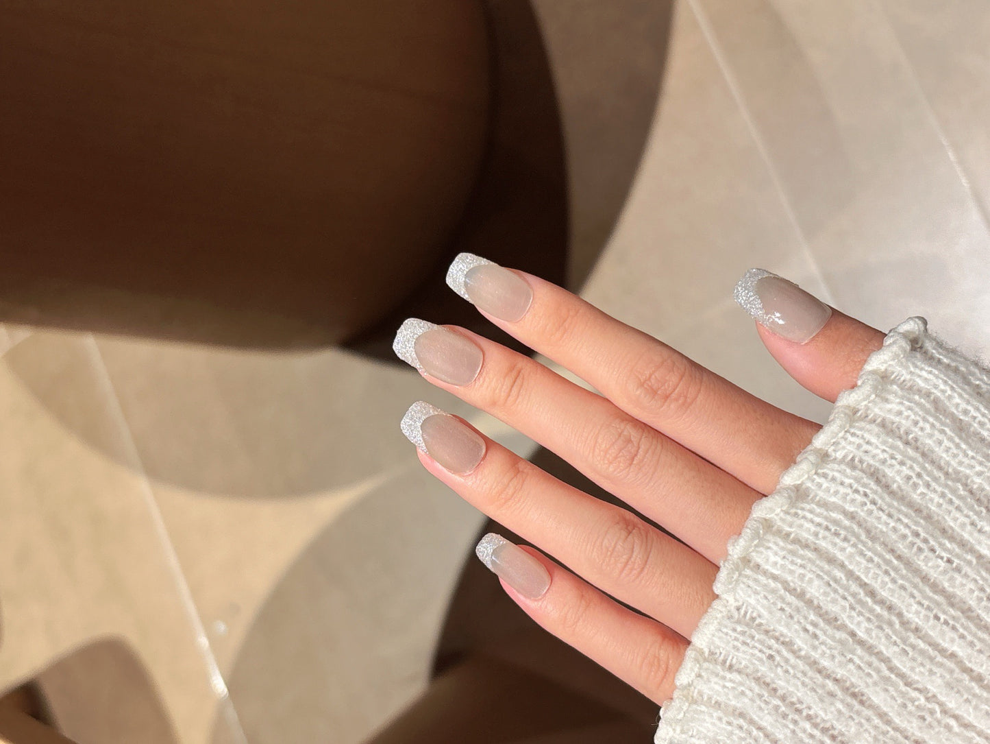[Pre Order] 方頭亮粉法式穿戴甲 Square Tip Glitter French Press-On Nails