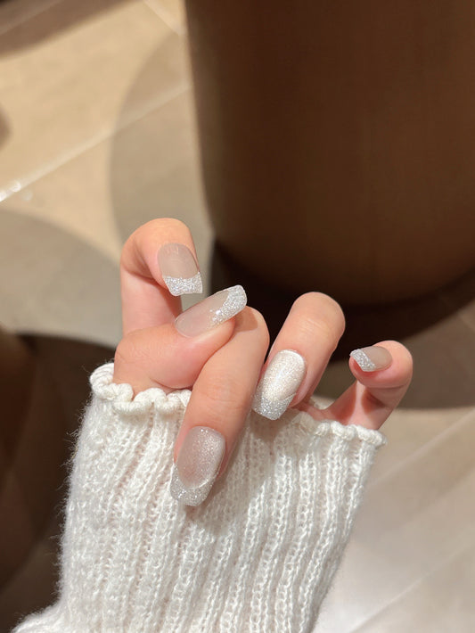 [Pre Order] 方頭亮粉法式穿戴甲 Square Tip Glitter French Press-On Nails