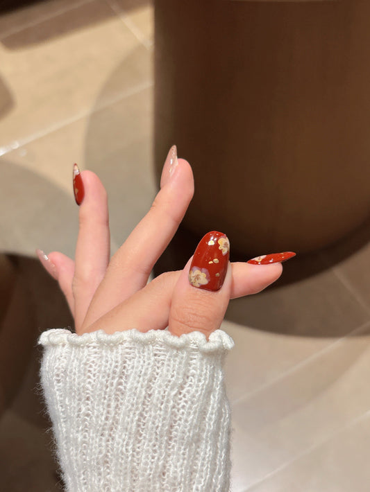 [Pre Order]  復古金箔小花穿戴甲 Vintage Gold Leaf Flower Press-On Nails